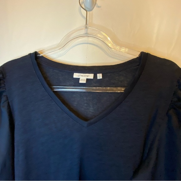 Chico’s V-Neck Blue Bishop Sleeve Linen Size1(med)Blouse - Picture 4 of 10